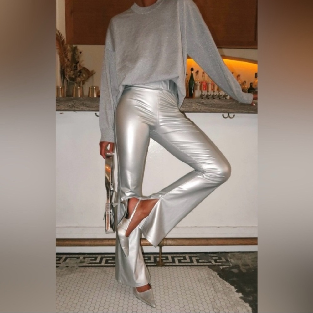 Show Me Your Mumu Nashville Pull On Flare Pant in Silver Faux Leather XL NWT